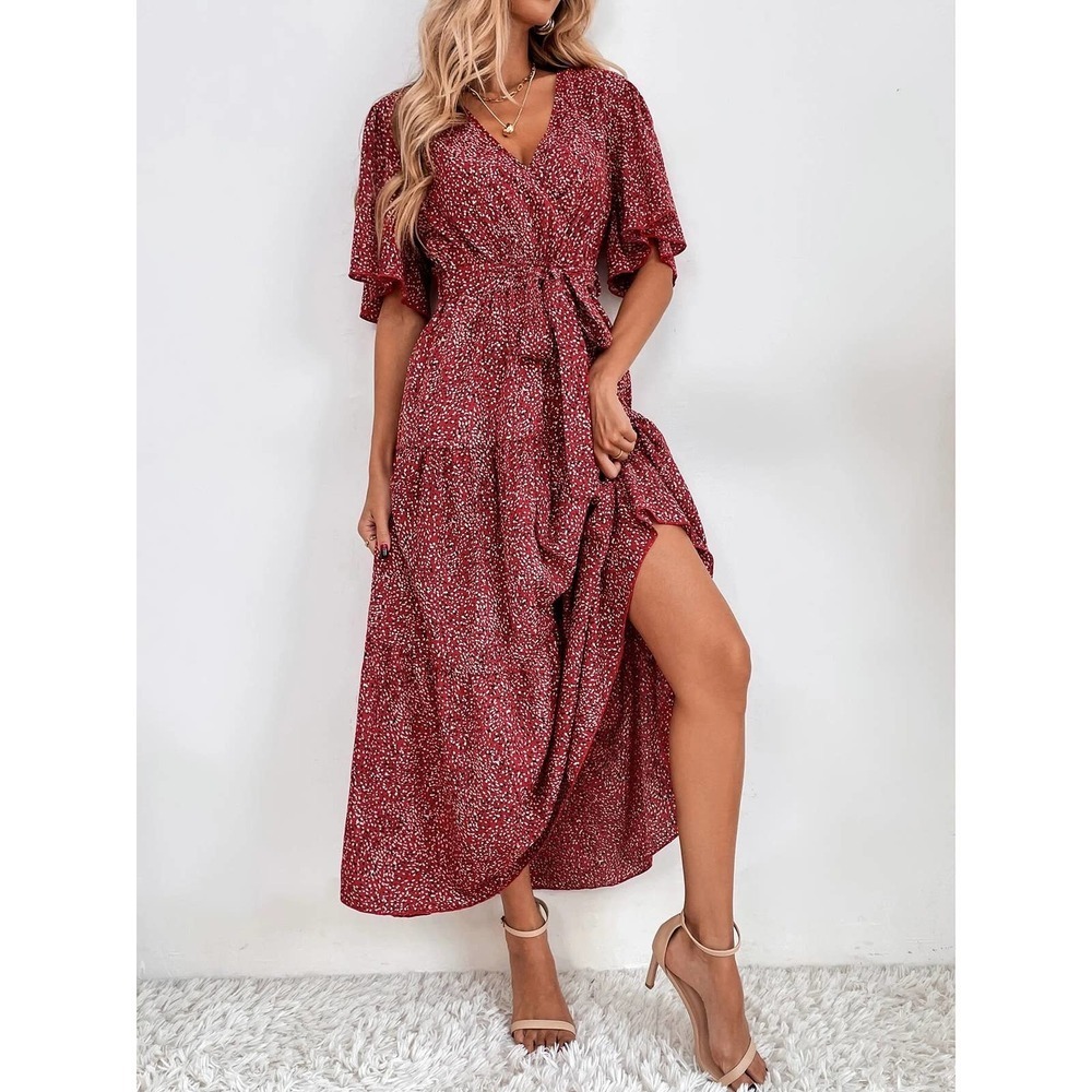 polka dot Short Sleeve Ruffle Hem Belted maxi Dress red - Picture 6 of 6